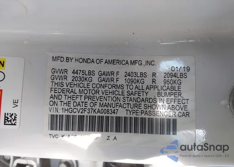 2019 Honda Accord Sport 2.0T z USA, uszkodzony, nr VIN 1HGCV2F37KA008347